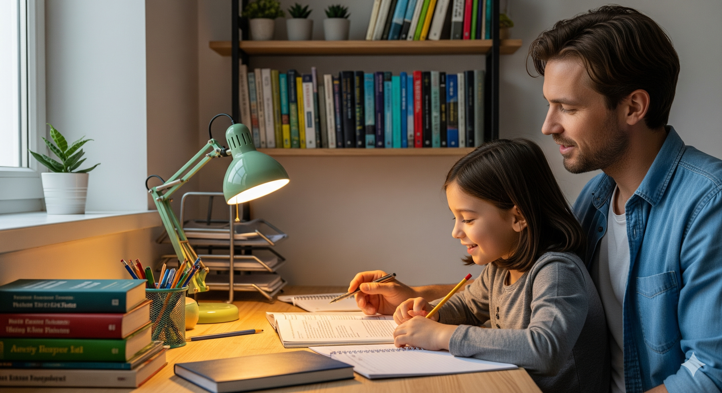 Single parent helping child with homework at desk